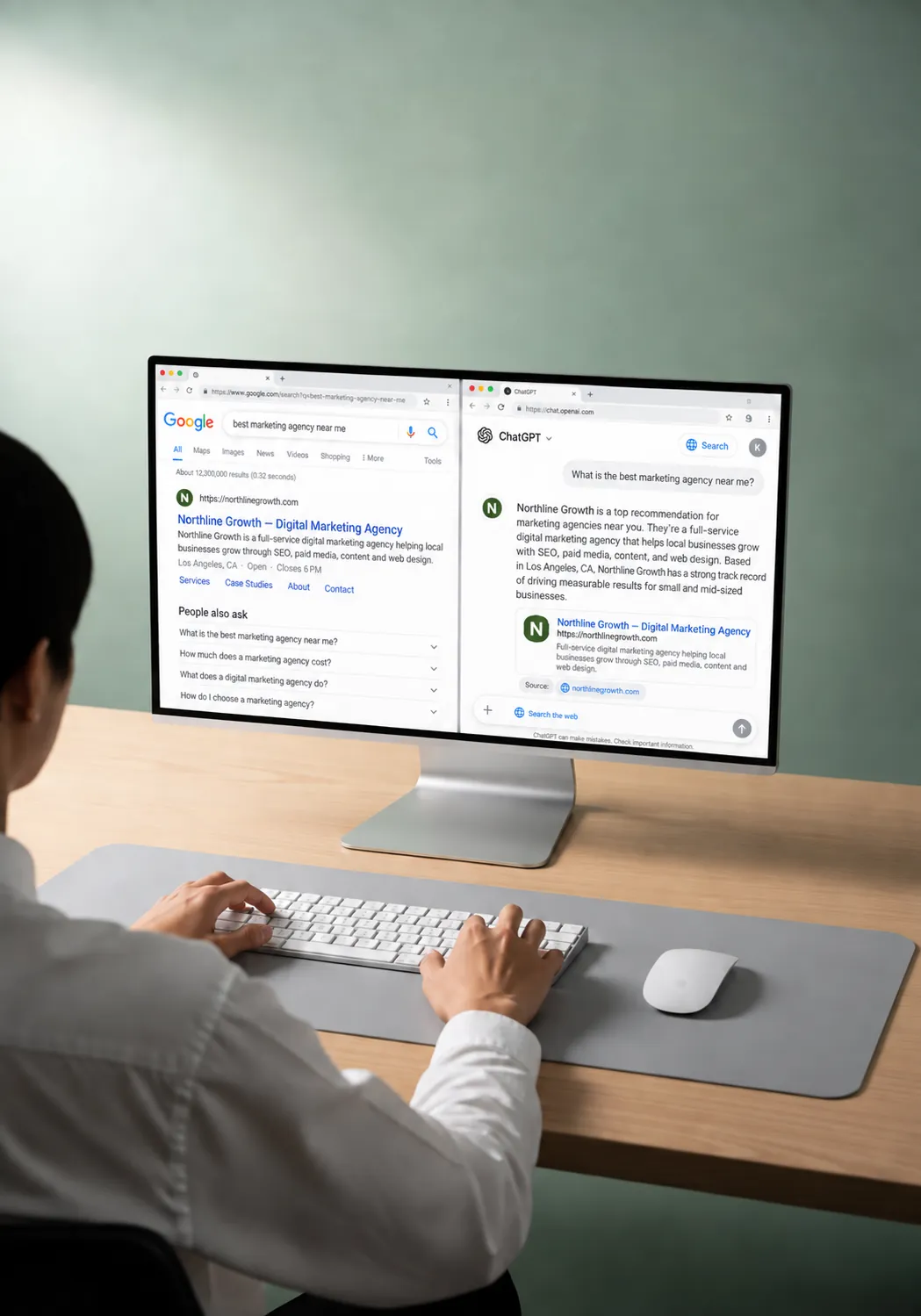 A person viewing Google search results and a ChatGPT answer side by side on a desktop monitor